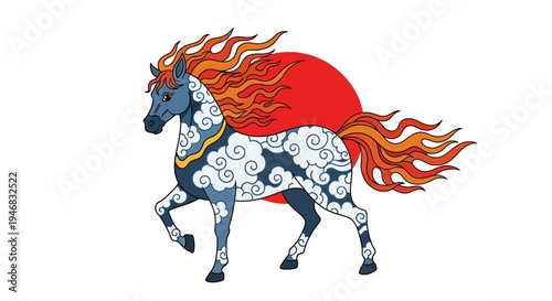 Mythical Horse with Fiery Mane and Cloud Pattern Against Red Sun
