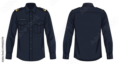Navy Blue Long-Sleeved Shirt with Epaulettes and Buttoned Pockets.