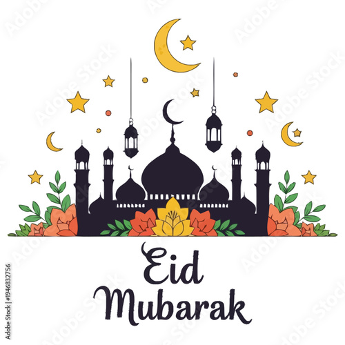 Islamic cultural celebration silhouette mosque dome minarets crescent moon lanterns stars floral decoration festive greeting design element eid