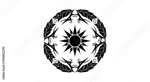 Black Sun Mandala with Feathers and Swirls on White Background