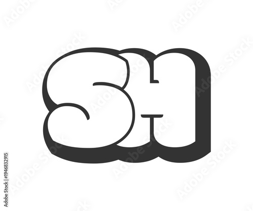 SH logo, bubble comic lettering, rounded in graffiti style black and white silhouette. Trendy preschool S and H letter text for festival party, personal initials, children funky print and web.