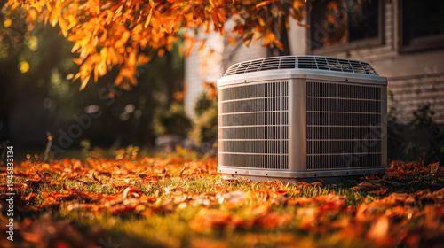 Modern outdoor air conditioning unit situated beside a house surrounded by vibrant autumn leaves in warm sunlight during the fall season