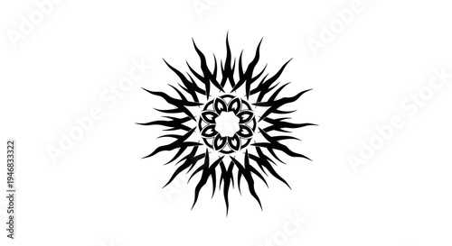 Tribal Sun Tattoo Design, Black Ink, White Background, Graphic Element