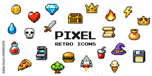 Pixel game icon set with coin heart diamond crown chest rocket food and retro arcade videogame elements