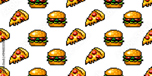 Pixel food background with burger and pizza retro arcade pattern
