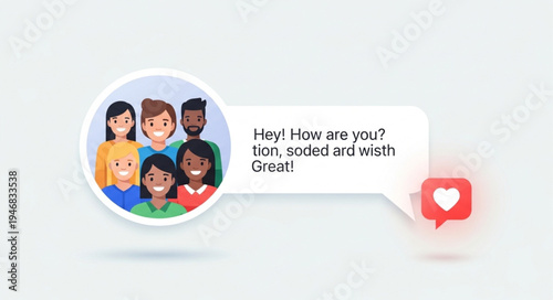 Diverse group of people communicating through social media chat bubble.