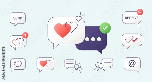 Chat bubbles with hearts and checkmarks symbolizing communication and love.