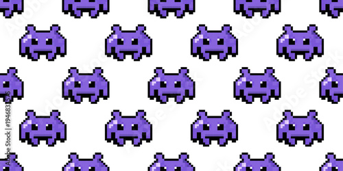 Pixel alien monster background pattern in retro arcade videogame style