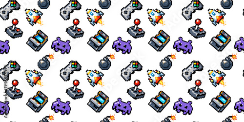 Pixel arcade game background pattern with controller joystick rocket bomb alien and retro gaming icons