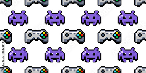 Pixel arcade game background pattern with alien monster and controller retro gaming icons