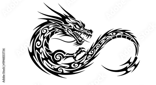 Tribal Dragon Tattoo Design, Mythical Creature, Black and White