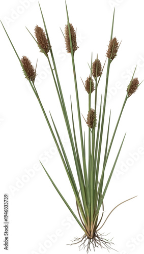 Detailed rendering of a healthy clump of sedge grass featuring slender green stems and distinct dark brown flower spikes isolated on white.
