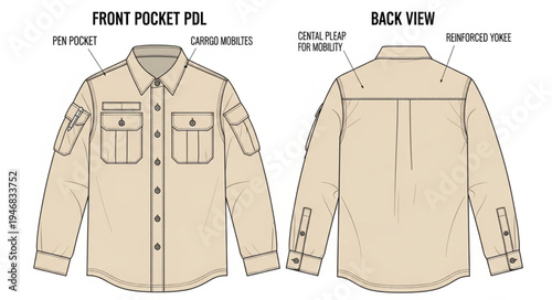 Technical Drawing of a Long-Sleeved Shirt with Pockets and Details.