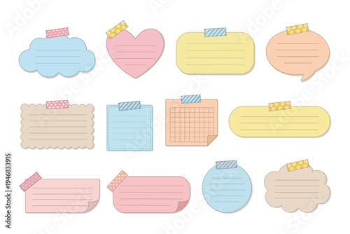 Kawaii pastel notepad stickers with washi tape, blank memo paper and scrapbook elements.