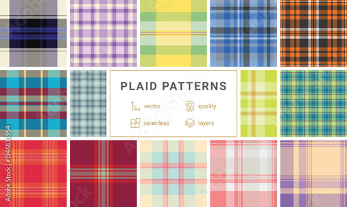Traditional plaid set referencing Scottish heritage. Authentic tartan variations support cultural branding, storytelling visuals. Clean vectors respect structure.
