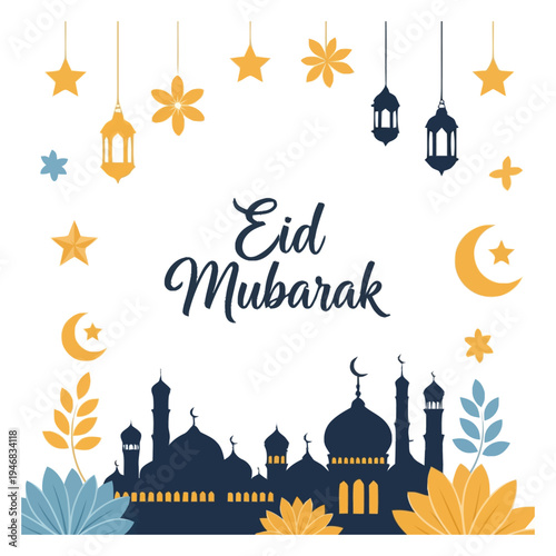 Islamic Celebration Scene with Crescent Moon and Lanterns Festive Background Design for Religious Observance and Joyful Greetings eid mubarak