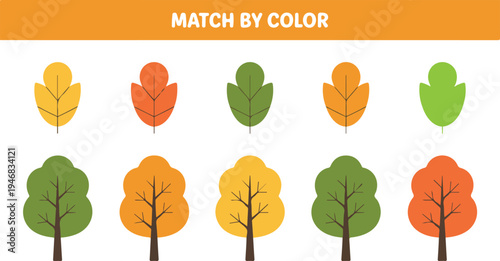 Preschool color matching game with autumn trees and leaves, educational worksheet for kids learning colors and fall nature