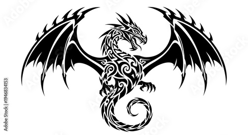 Tribal Dragon Tattoo Design, Mythical Creature, Fantasy Art, Vector Illustration