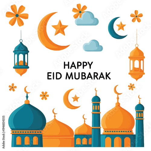 Festive Islamic Celebration Elements with Mosques Crescent Moon Stars Lanterns Clouds Flowers and Greeting for Religious Holiday eid mubarak ramadhan