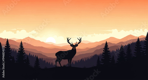 Vector flat design illustration of a deer silhouette standing on a hill with trees and mountains at sunset.