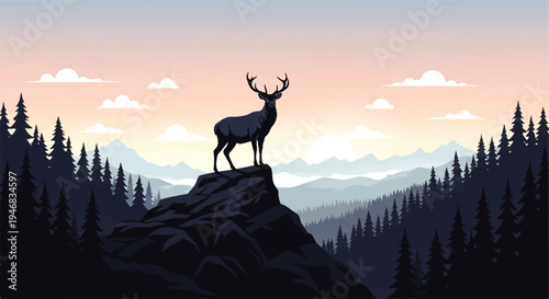 Vector flat design illustration of a deer silhouette standing on a rocky outcrop in a forest landscape with mountains at sunset.