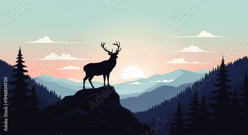 Vector flat design illustration of a deer standing on a rocky outcrop, overlooking a serene mountain landscape with trees at sunset.