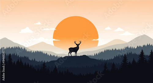 Vector flat design illustration of a deer standing on a hill with mountains and sunset in the background.