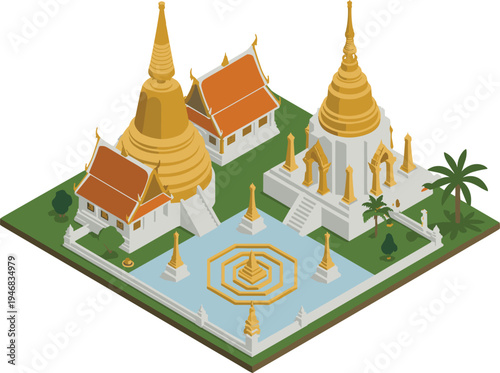 Isometric Thai Buddhist temple complex, golden pagoda stupa architecture, traditional Southeast Asian monastery buildings, cultural landmark travel illustration