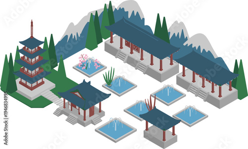 Isometric traditional Chinese garden, pagoda temple architecture, oriental pavilion courtyard with fountains, mountain landscape, Asian cultural heritage illustration