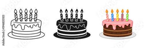 Happy birthday cake icon set collection in flat style. Pie with candles vector illustration on isolated background. Sweet dessert sign business concept.