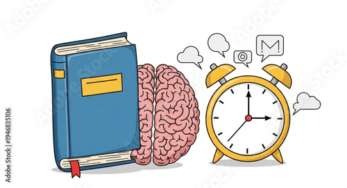 Book Brain and Alarm Clock Representing Learning and Time Management.