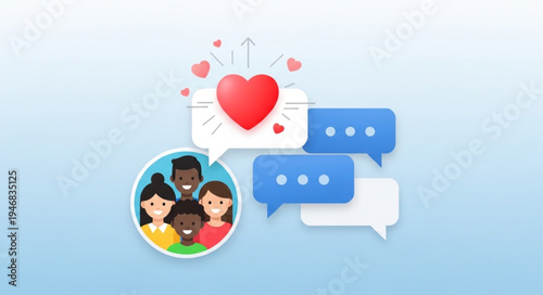 Diverse group of people communicating with love and hearts through chat bubbles.