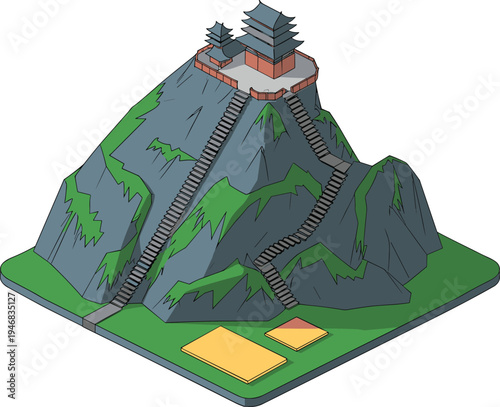 Japanese mountain pagoda illustration, traditional temple on rocky peak with stairway path, Asian cultural landmark architecture landscape design