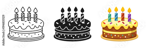 Happy birthday cake icon set collection in flat style. Pie with candles vector illustration on isolated background. Sweet dessert sign business concept.