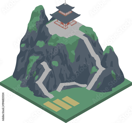 Japanese mountain temple illustration, traditional pagoda shrine on rocky mountain peak, Asian architecture landmark, cultural heritage landscape design