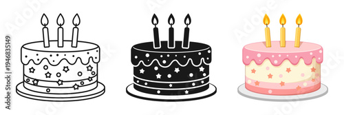 Happy birthday cake icon set collection in flat style. Pie with candles vector illustration on isolated background. Sweet dessert sign business concept.