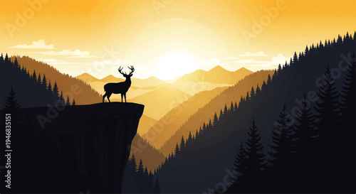 Vector flat design illustration of a deer standing on a cliff edge in a mountainous landscape with a sunset background.