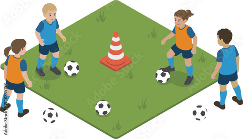 Kids soccer training illustration, children football practice with cones and balls, youth sports coaching activity, teamwork playground game