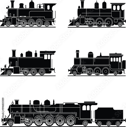 Five Black and White Vintage Steam Locomotives trains desi