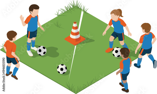 Kids soccer training illustration, children football practice drill with cones and ball, youth sports coaching activity, teamwork playground practice