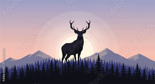 Vector flat design illustration of a majestic elk standing amidst a forest silhouette against a vibrant mountainous landscape with a stunning sunset.