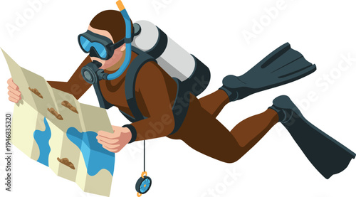 Scuba diver navigation illustration, underwater explorer reading map, scuba diving adventure concept, marine exploration activity, underwater travel design artwork