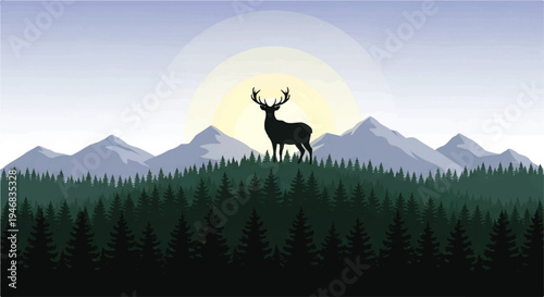 Vector flat design illustration of a deer standing on a hill with evergreen trees, mountains, and a sunset in the background.