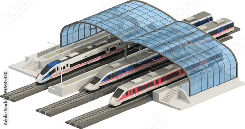 Modern high speed train station illustration, railway terminal with bullet trains, urban public transport infrastructure, rail transportation concept design