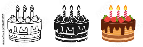 Happy birthday cake icon set collection in flat style. Pie with candles vector illustration on isolated background. Sweet dessert sign business concept.