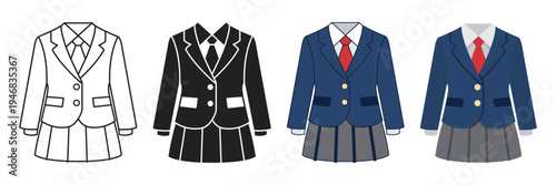 Girl school uniform icon set collection in flat style. Education wear vector illustration on isolated background. Woman garment sign business concept.