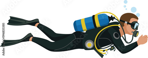 Scuba diver underwater illustration, professional diver with oxygen tank and fins, deep sea diving equipment, marine exploration concept