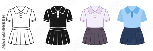 Girl school uniform icon set collection in flat style. Education wear vector illustration on isolated background. Woman garment sign business concept.