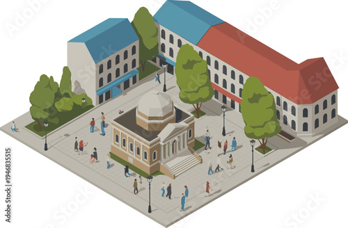 University campus square illustration, academic buildings around central library with students walking, higher education environment, college courtyard architecture