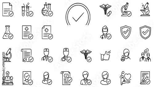 Outline Vector Icon Set Representing Comprehensive Medical Clearance, Health Certification, Lab Test Approval, Doctor Verification, Vaccination Status, and Clinical Success Confirmation Documents